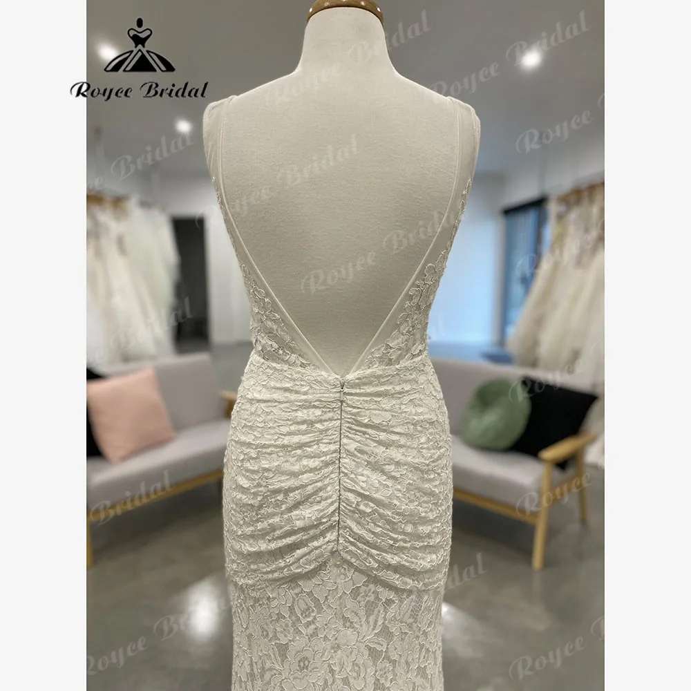 Abito da sposa a sirena in pizzo pieno Boho senza maniche con scollo a V Vintage per donna 2024 abito da sposa senza schienale su misura abito sposa Sexy