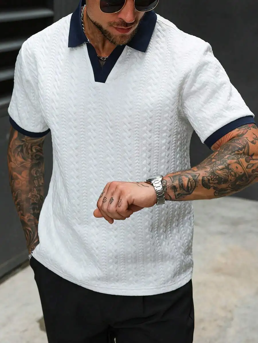 Men's Textured Knit Polo Shirt with Contrast Collar and Cuffs, Short Sleeve Casual Wear