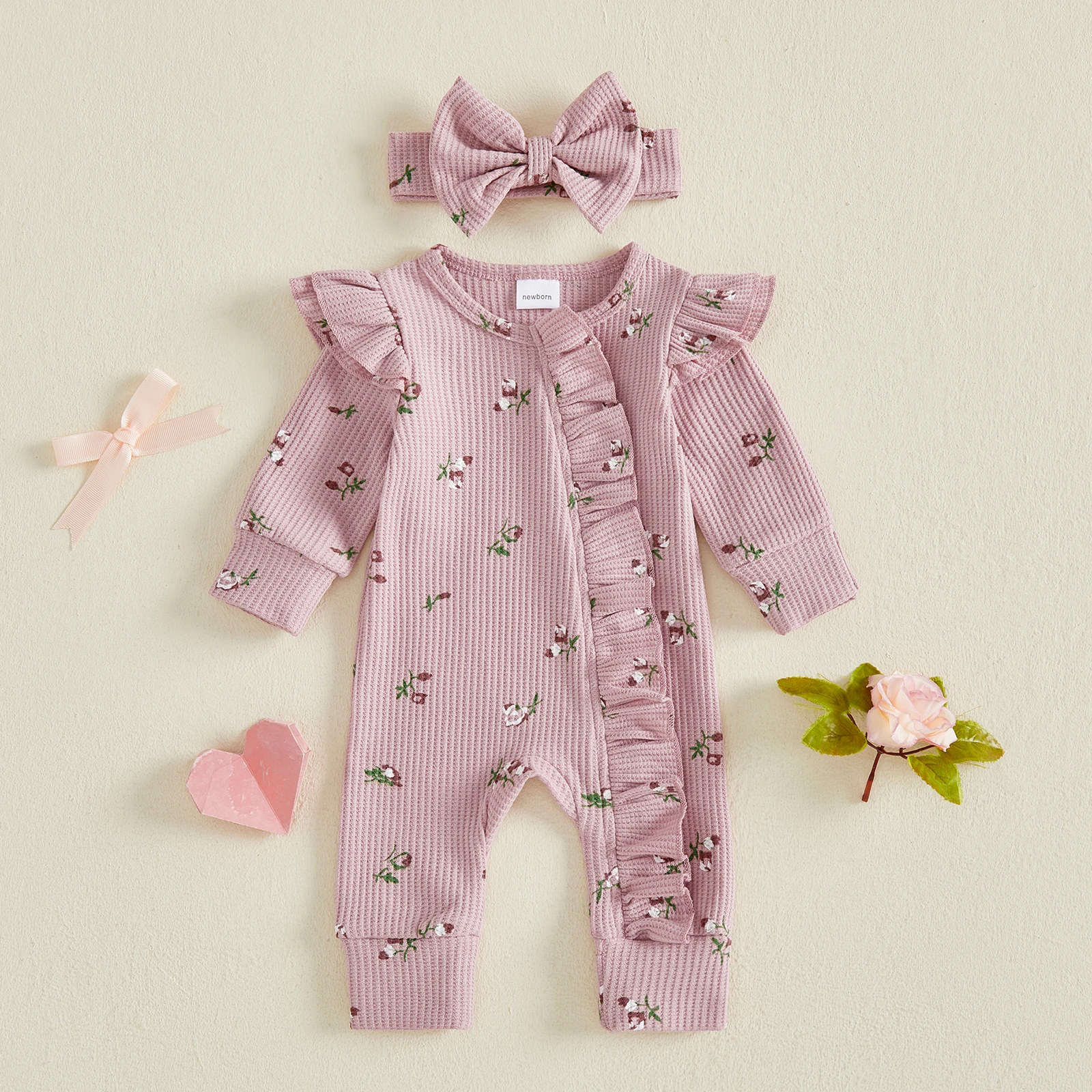 Infant Baby Girls Fall Floral Waffle Romper Long Sleeve Ruffle Jumpsuit with Headband