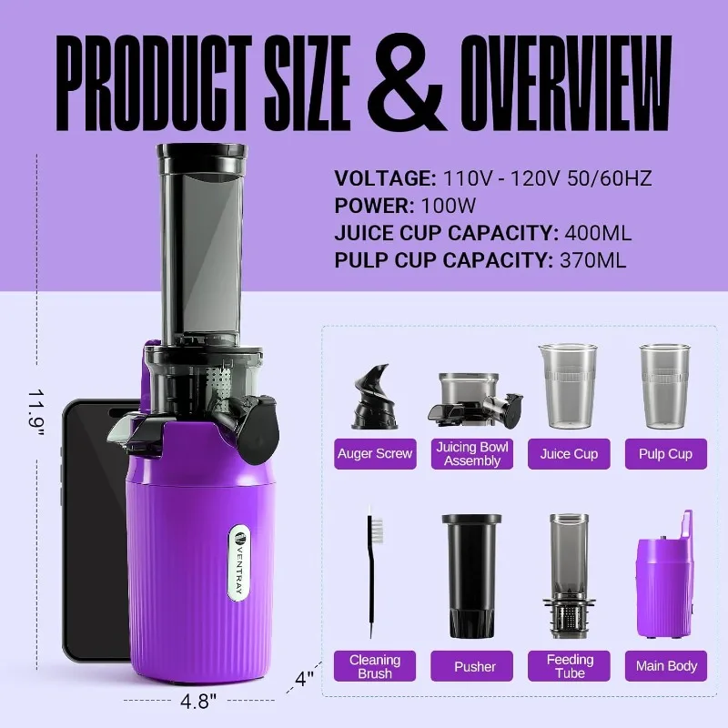 Ventray Ginnie Juicer Compact Small Cold Press Juicer, Slow Masticating Mini Juicer with 60RPM Low Speed