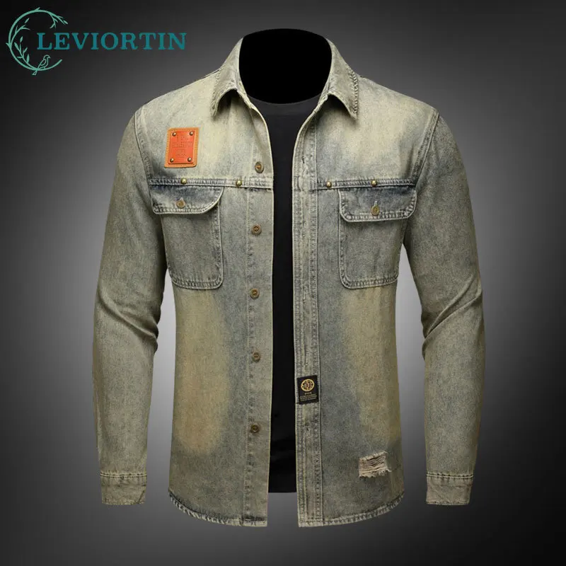 Autumn Men's Cargo Denim Shirt Jackets With Multi-Pockets Heavyweight Wash Cotton Outdoor Stand Collar Casual Workwear Shirts