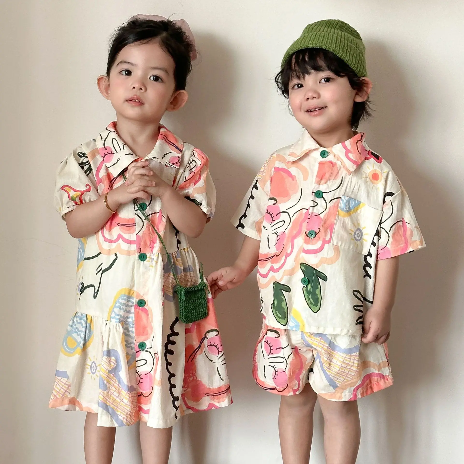 2026 Summer New Kids Boys Short Sleeve Shirts + Shorts 2pcs Suit Cotton Fashion Girls Vacation Dress Brother Sister Outfits