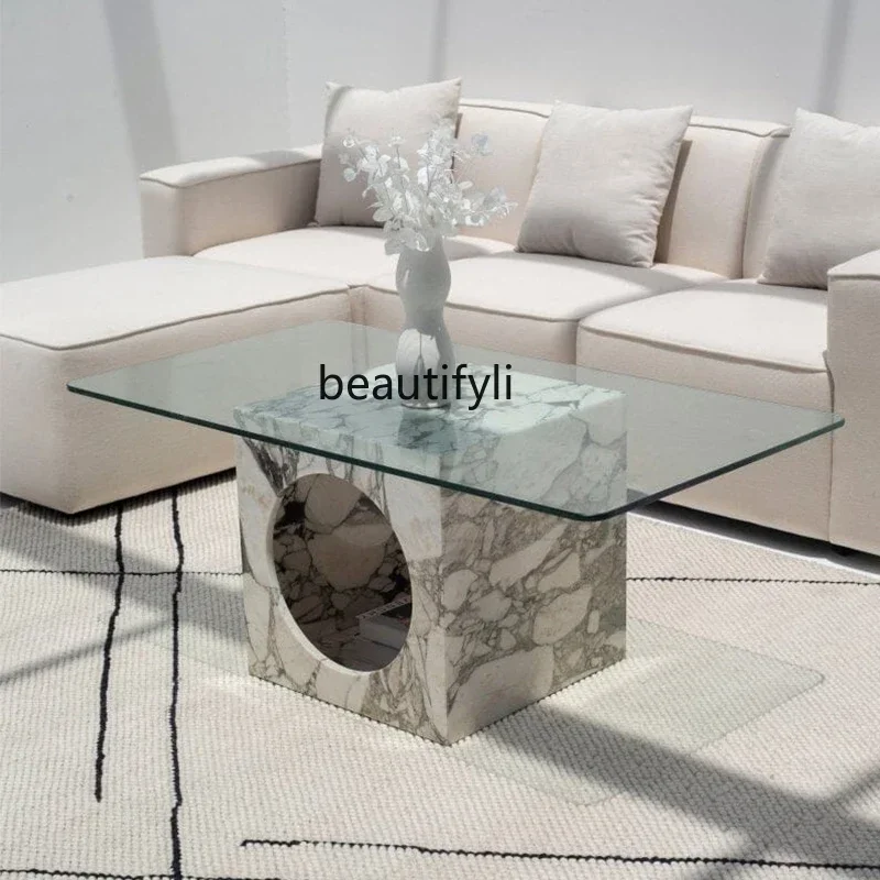 

Natural marble glass coffee table household small apartment living room square coffee table light luxury Italian style2005
