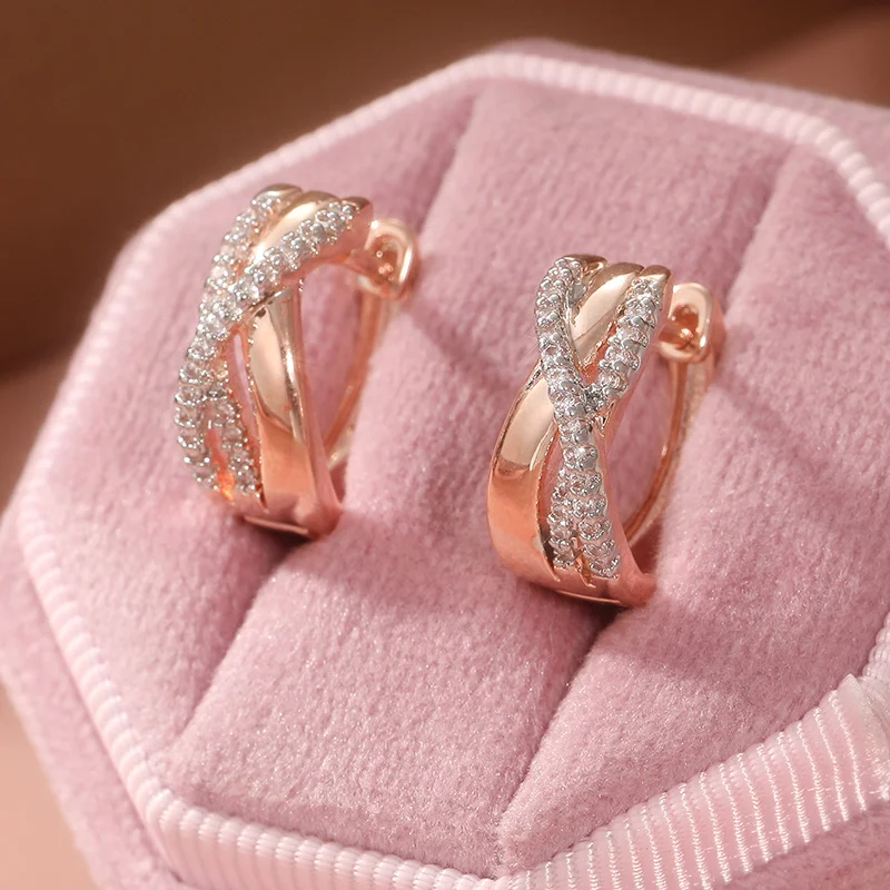 Rose Gold Twisted Line Hoop Earrings Elegant Sparkling Versatile Earrings For Women Jewelry Fine Banquet Party Wedding