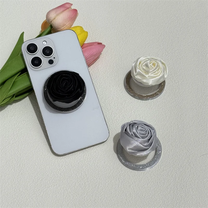 For Magsafe Magnetic Handmade Satin Fabric Rose Flower Mobile Phone Stand Holder Grip Tok Support Flora Universal Cover Bracket