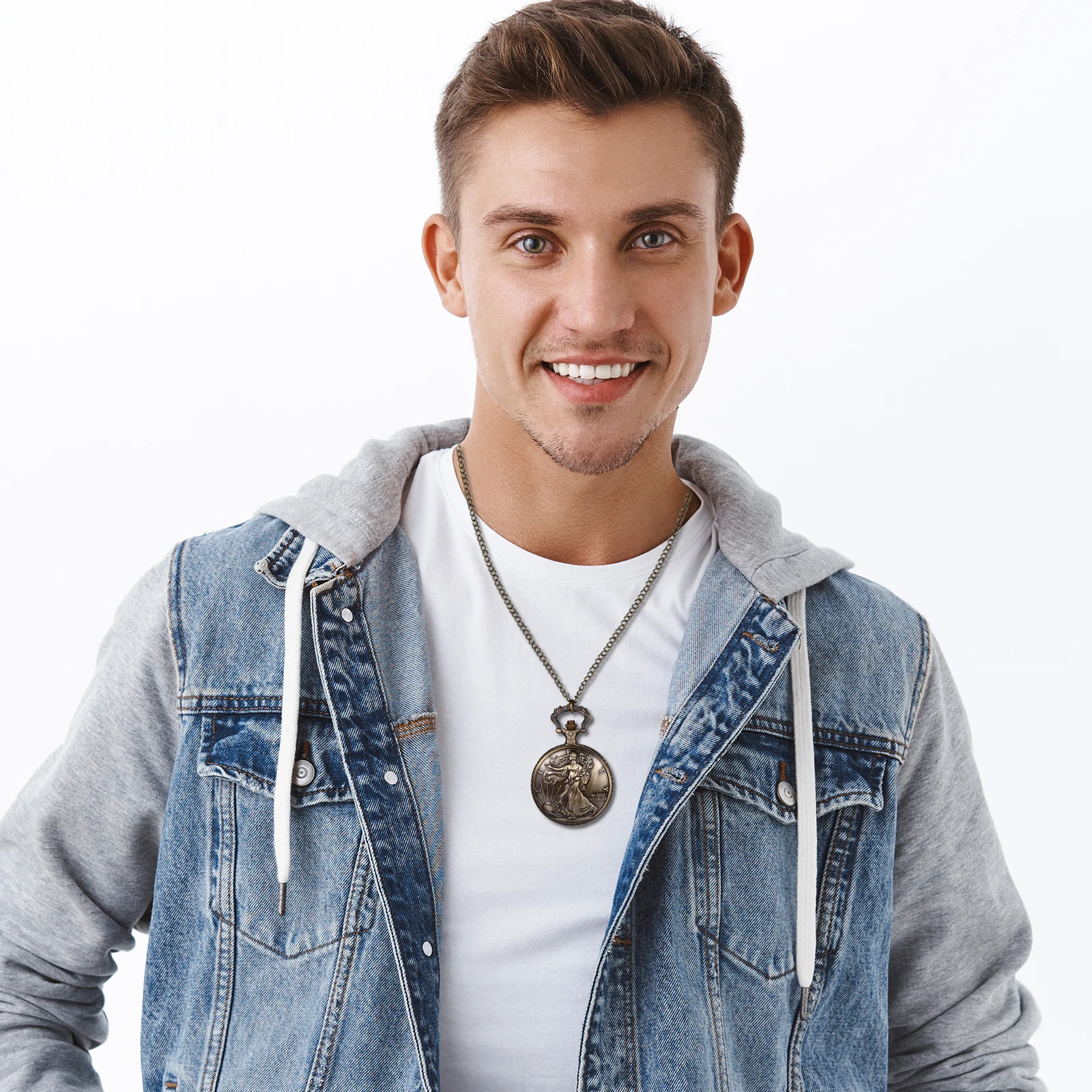 LANCARDO Vintage brąz amerykański statua wolności kwarcowy zegarek kieszonkowy łańcuszek Unisex męski sweter naszyjnik naszyjnik kieszonkowy