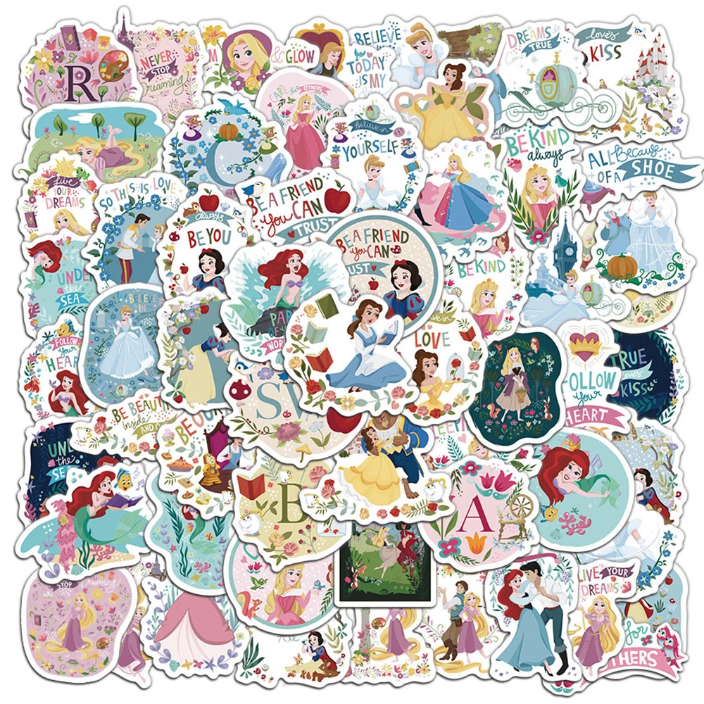 60pcs Cute Mix Disney Princess Stickers Snow White Ariel Aurora Cartoon Aesthetic Decoration Decals Decorative Luggage Car