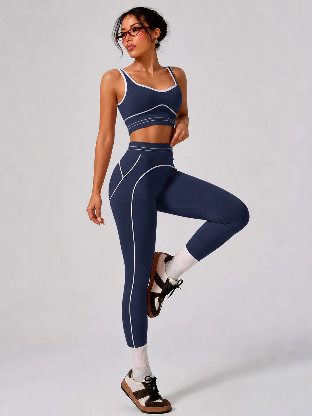 Contrast Trim Activewear Set Women Crop Tank Top High Rise Tummy Control Leggings Two Piece Sport Fitness Outfit