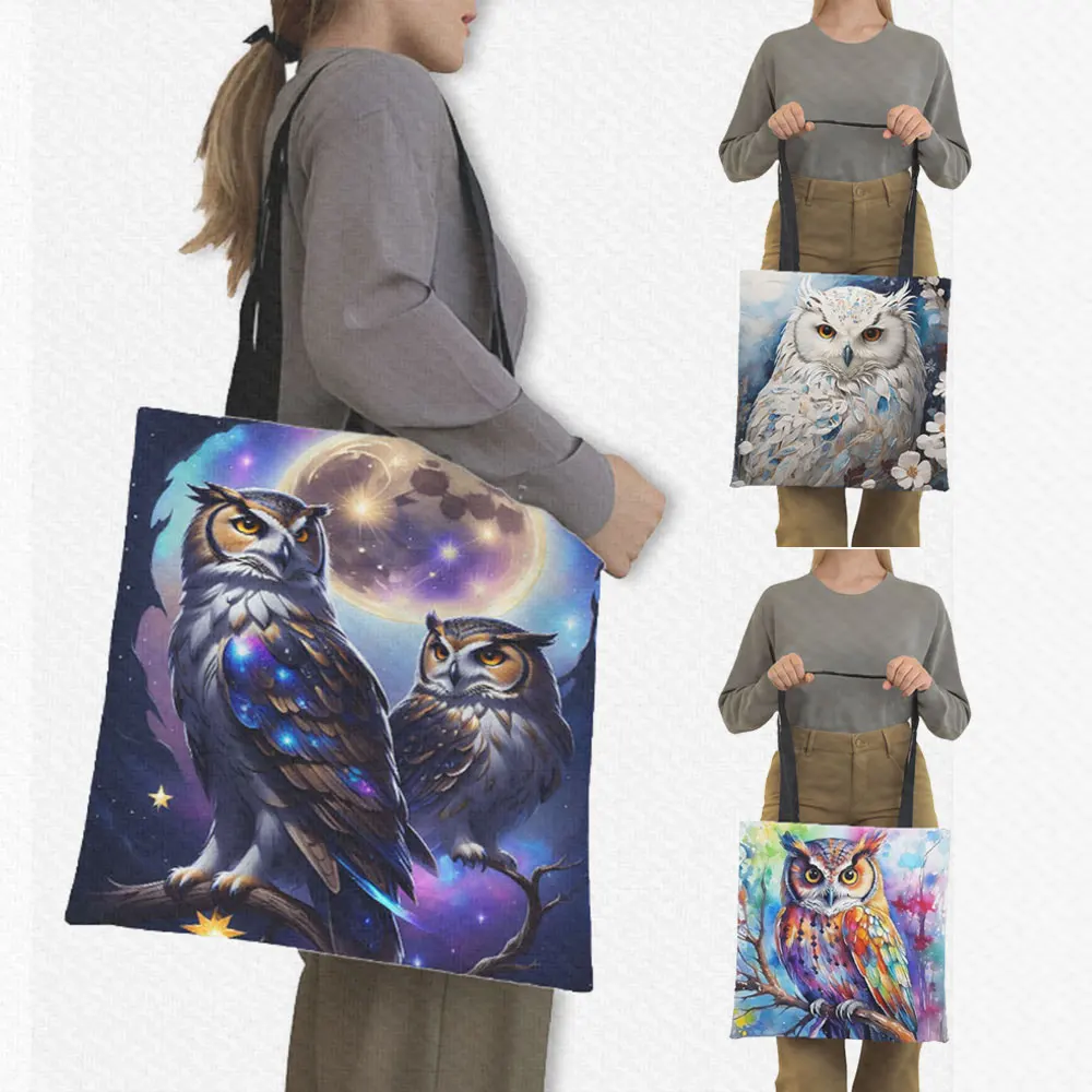 Colorful Owl Printing Shopping Bag Great Horned Owl Shoulder Bag White Owl Handbag Totes Large Capacity Reusable Bag