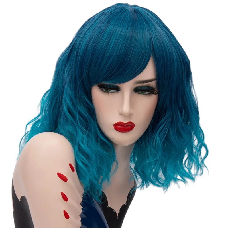 

Женский синтетический короткий волнистый синий парик для косплея с челкой, термостойкий Лолита для повседневного использования на вечеринке