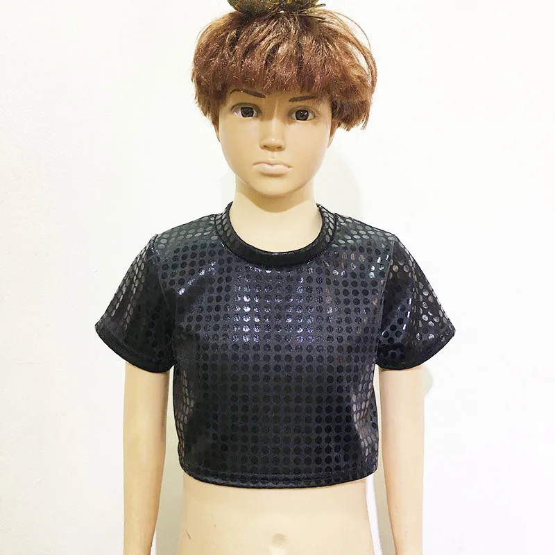 Children Short Sleeve Jazz Dance Costume Kids Shiny Sequins Crop Top Teen Girls Performance Cheerleading Dance Costume Dancewear