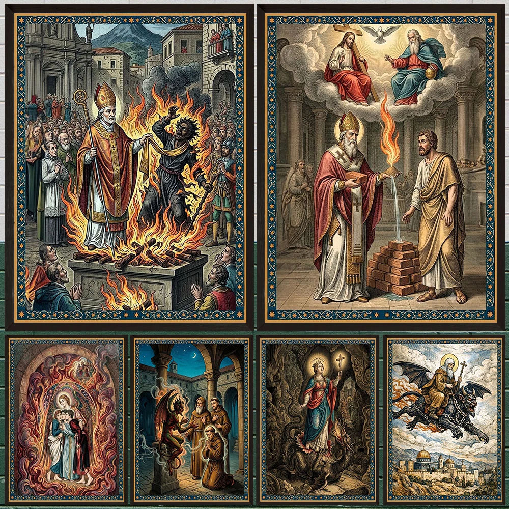 Medieval Antique Christian Canvas Poster Retro Religious Saint Demon Angel Bible Illustration Vintage Wall Art Decor Unframed