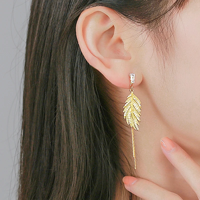 Luxury 14K Real Gold Plated Leaves Tassel Stud Earrings for Women 2022 Trending Cubic Zircon Wedding Jewelry free shipping