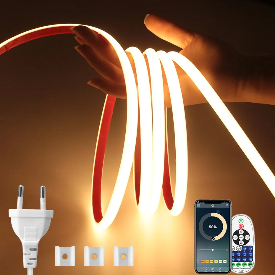 

10m 30m 50m Waterproof 220V Smart Wifi Led Strip Cob Light Adhesive Tape Bluetooth Remote Led Ribbon Tape Outdoor Lighting