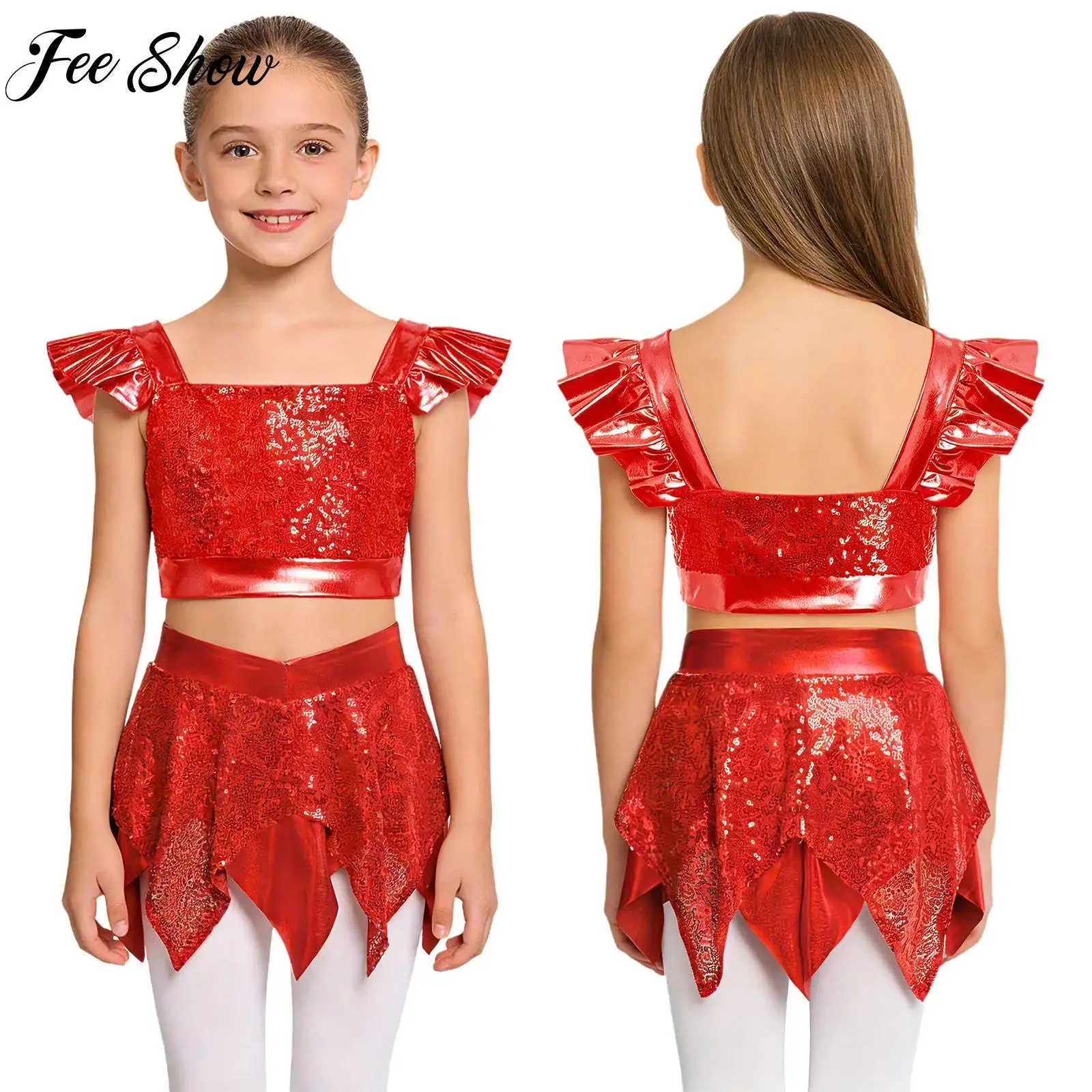 

Girls Shiny Sequin Performance Outfit Square Neck Ruffled Sleeve Crop Top Asymmetric Sequined Skirt for Dance Show