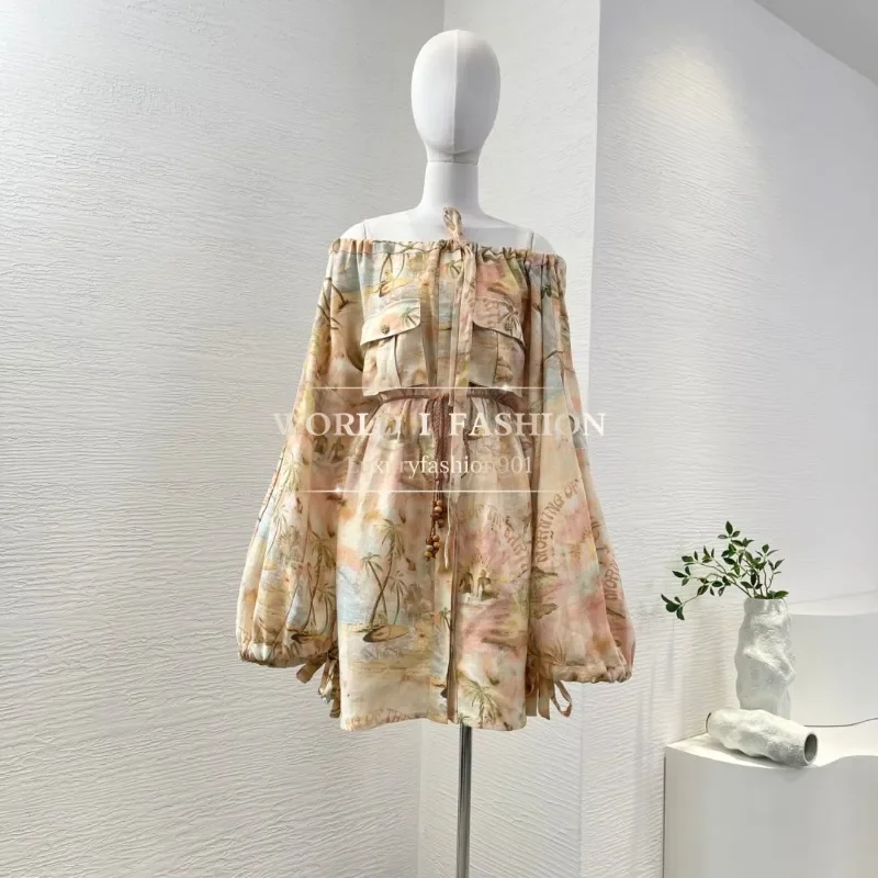 

Photo Color Coconut Tree Print Long Sleeve Off The Shoulder Pleat Mini Dress Linen 2025