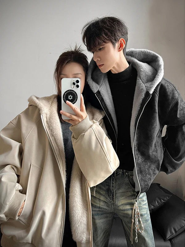 Men's Winter Thickened down Jacket Hooded Fleece Lined Fur Collar Cleanfit Casual Style Couple's Cotton Coat Standard Fit