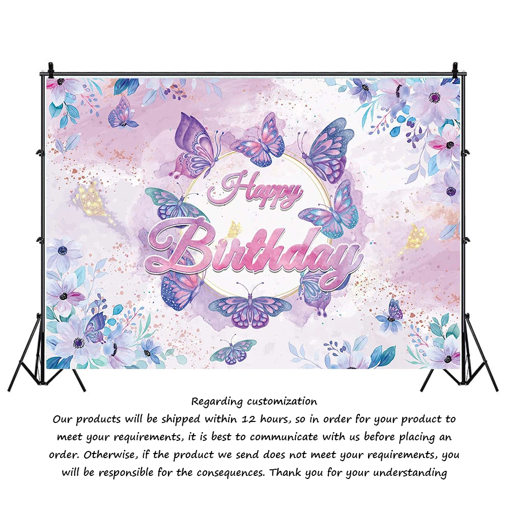 Pink Butterfly Flower Happy Birthday Background Baby Shower Girl Birthday Party Scene Decoration Banner Photography Background