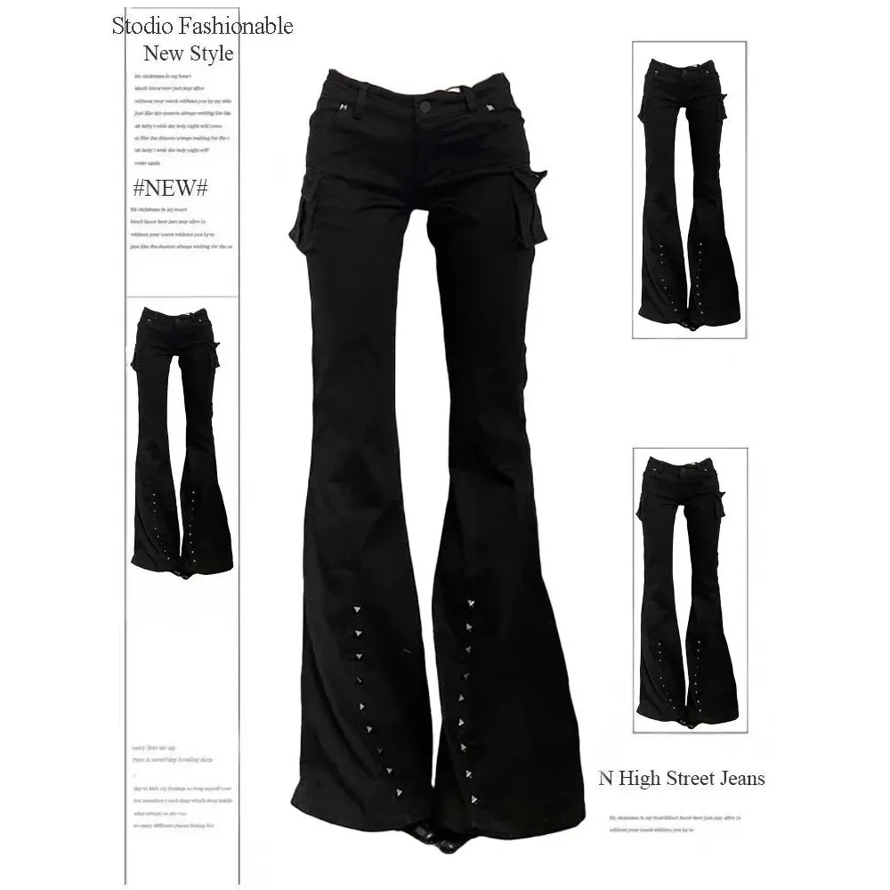 

Harajuku High Waist Flared Jeans Bla K Retro Y2K Straight Leg Pants ex Cleanfit PVC Material Winter Collection