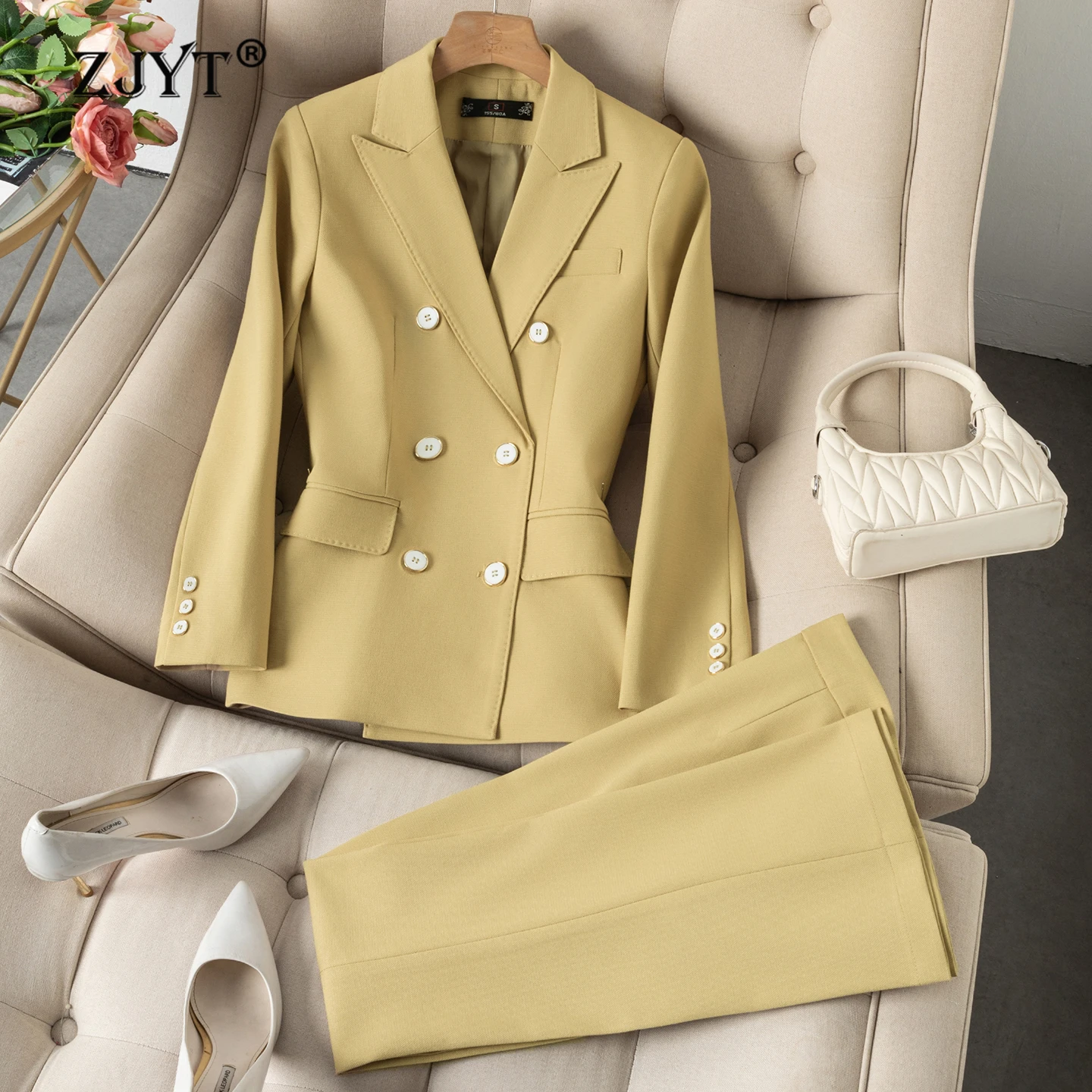 

Элегантный женский брючный костюм ZJYT: пиджак и брюки, весна-осень 2026, новинка, офисная деловая одежда больших размеров, формальный комплект