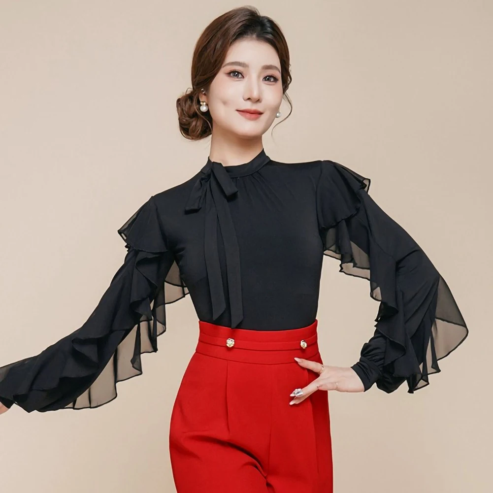 Top elegante vals salón de baile púrpura manga larga vestido de baile de cuello alto para mujer GB Dance blusa de vals con volantes negro