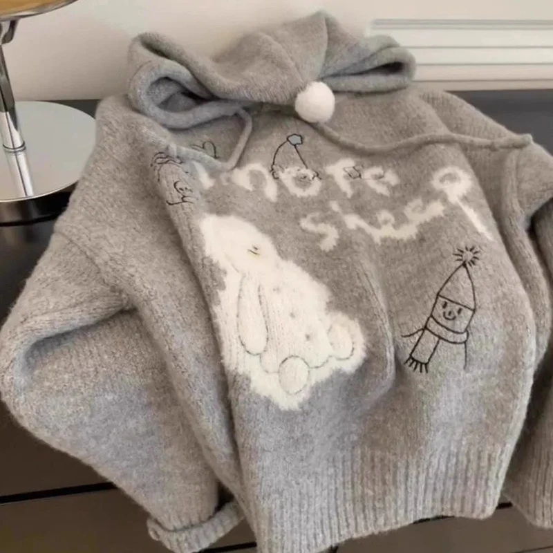 

Женский лоскутный свитер со снеговиком и капюшоном, теплый осенне-зимний пуловер с длинными рукавами, серый, милый, милый, рождественский вязаный топ в консервативном стиле