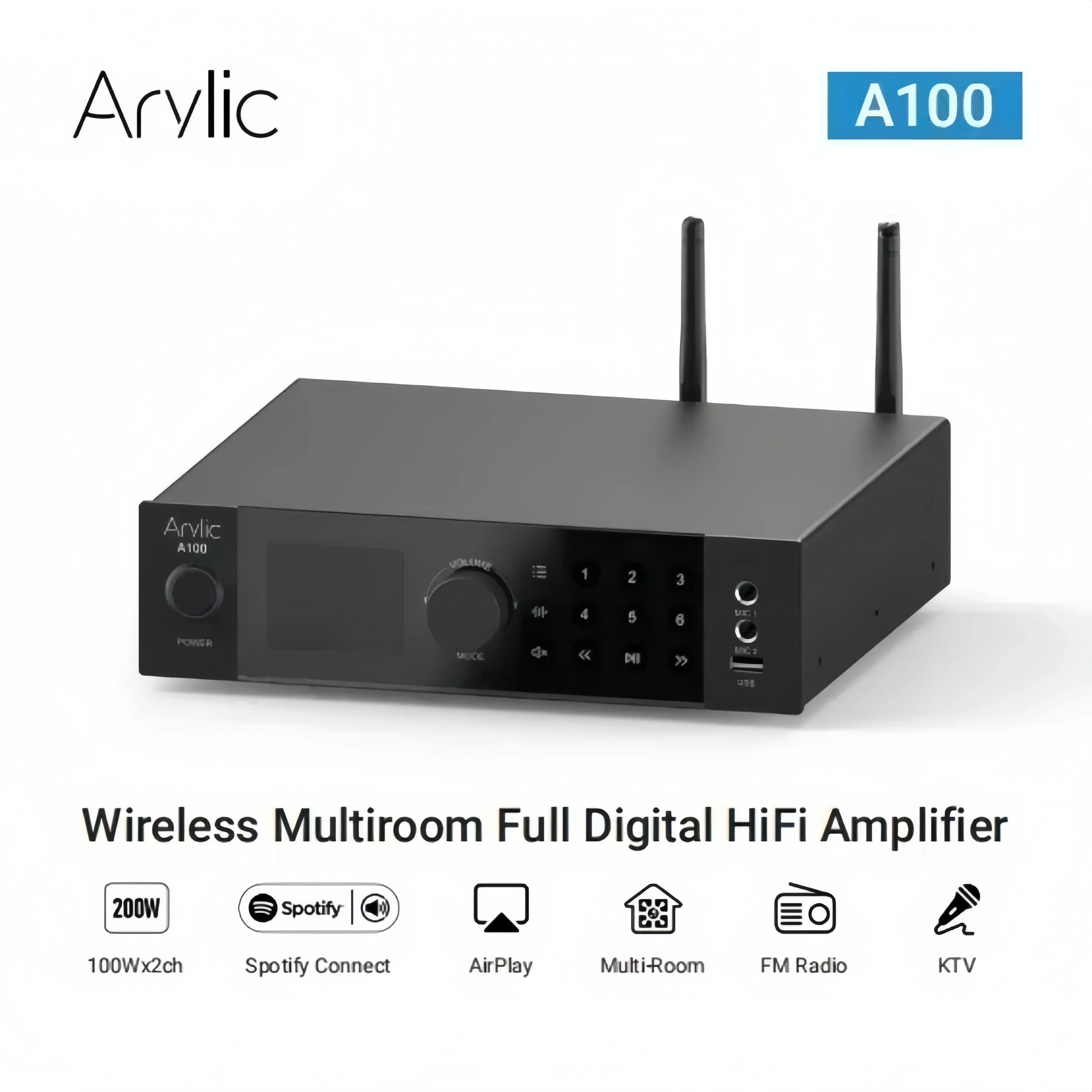 

Arylic A100 100 Вт x 2 Усилитель мощности музыкальный стример FM-радио KTV WiFi, AirPlay, Spotify Connect, Bluetooth беспроводная потоковая передача