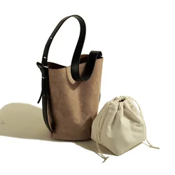 Vintage Women Bucket Shoulder bag Matte Leather Female Messenger Crossbody bag Wide strap lady handbag bolsos brown totes