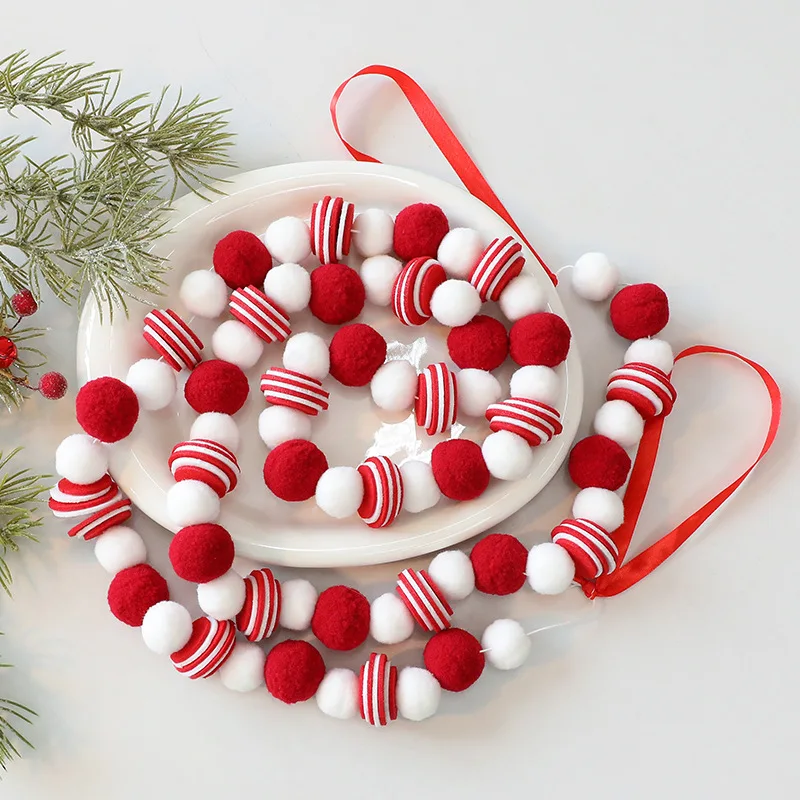 

180cmRed White Felt Ball Garland - Christmas Pom Pom String Decor for Xmas Tree, Home & Party Decoration