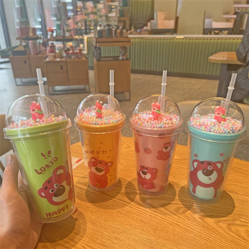 450Ml Kawaii Disney Lotso Waterbeker Grote Capaciteit Dubbellaags Plastic Bekerstijl Draagbare Rieten Beker Verjaardagscadeau Voor Kinderen