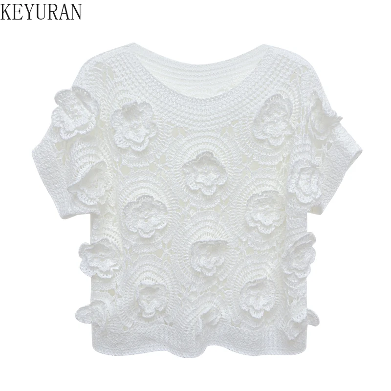 Summer Sweet Three-dimensional Flower Hollow Out Crochet Sweater Women\'s Vintage Chic O-Neck Short Sleeve Pullover Knitted Tops