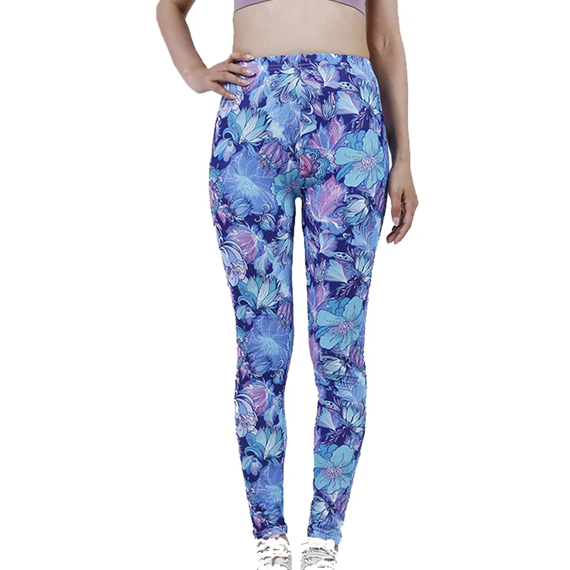 PD319 Blue Petal Flower Leggings Outdoor Sports Cropped Stretch Pants