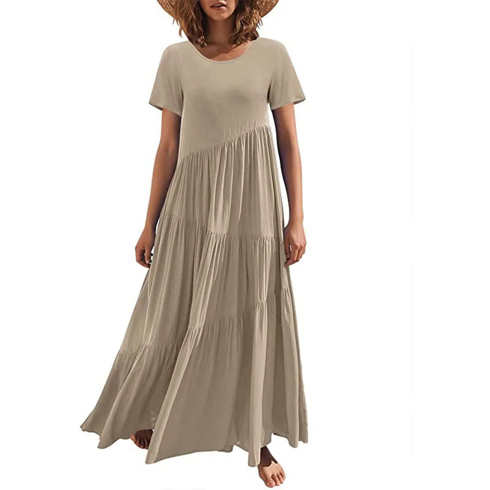 

Women Boho Loose Beach Long Dress 2024 Summer Short Sleeve Round Neck Asymmetric Swing Tiered Casual Maxi Dresses A-Line Vestido