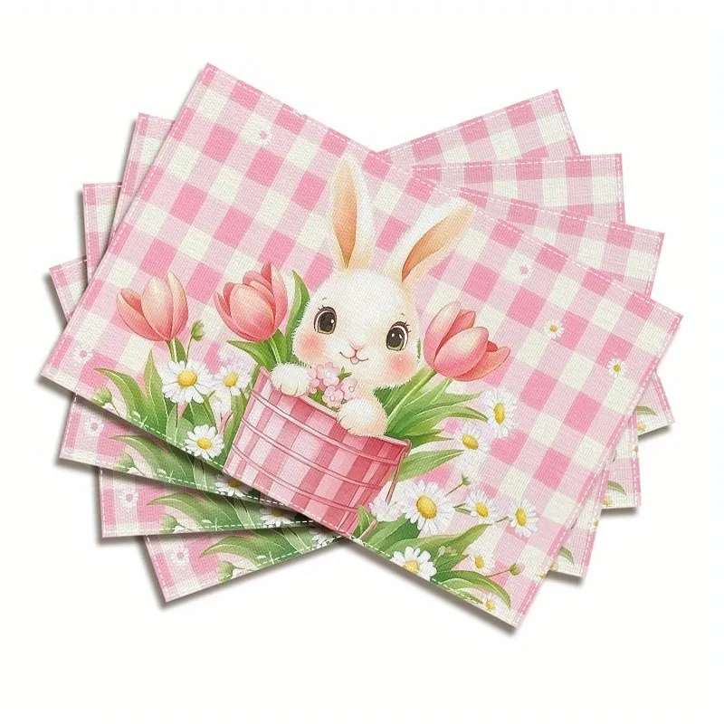 Easter-Themed Pink Checkered Dinnerware Sets Featuring Cute Rabbit And Tulip Designs Machine Washable Tablecloths