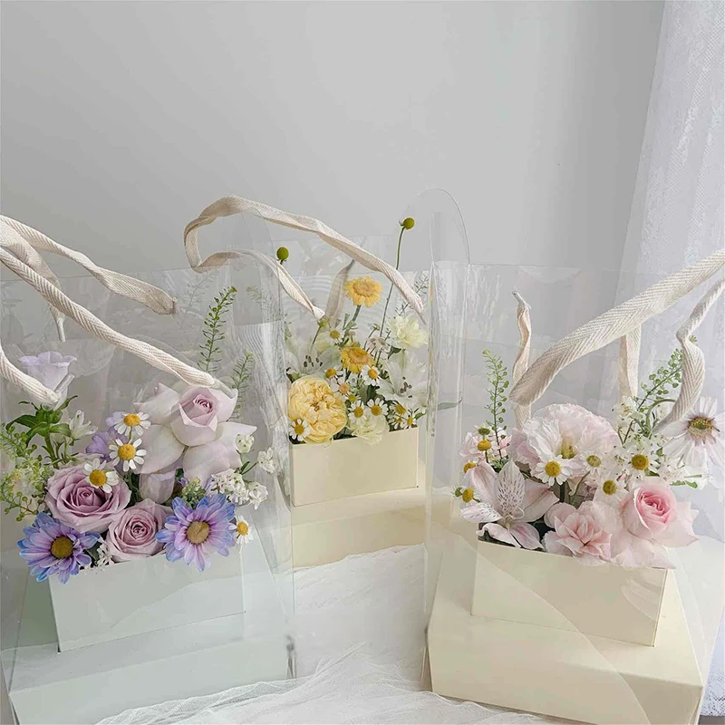 5Pcs Transparent Portable Flower Box PET Potted Gift Box Mothers Day Square Gift Bouquet Candy Packaging Box for Wedding Party