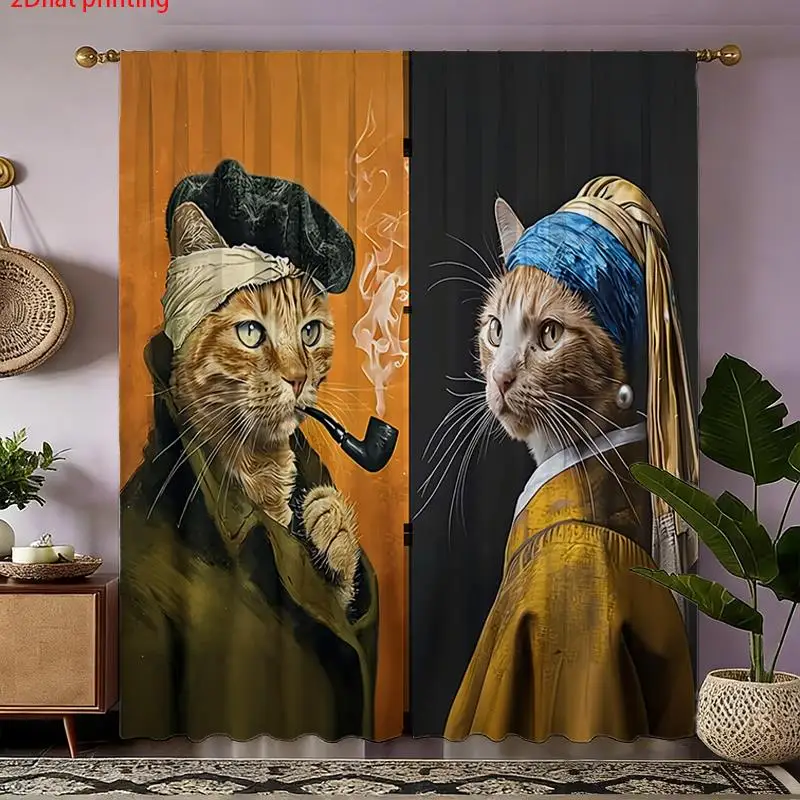 Funny Cat Art Curtains, Famous Painting Parody Drapes, Vintage Oil Painting Style Window Treatment for Living Room Bedroom Decor