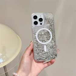 Quicksand Magnetic Magnets Case for iPhone 14 13 Pro Max 16 15 Glitter Powder Flakes Phone Cover Hard Conque Liquid Shell Luxury