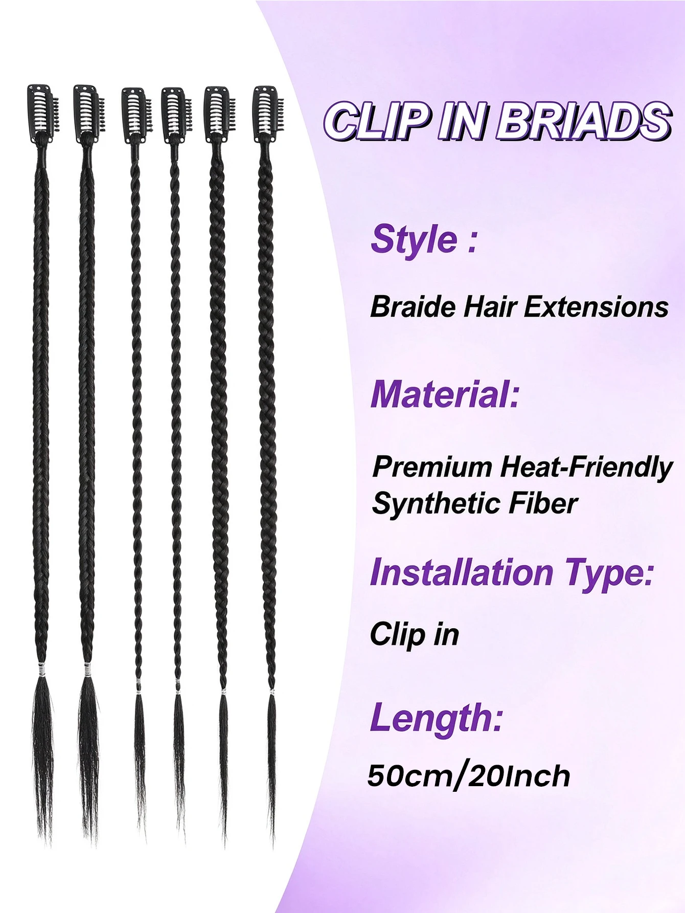 6PCS Clip in Hair Extension for women 20 Inch Natural Black Braid Extensions for Women Synthetic Hairpieces for Daily Use Party