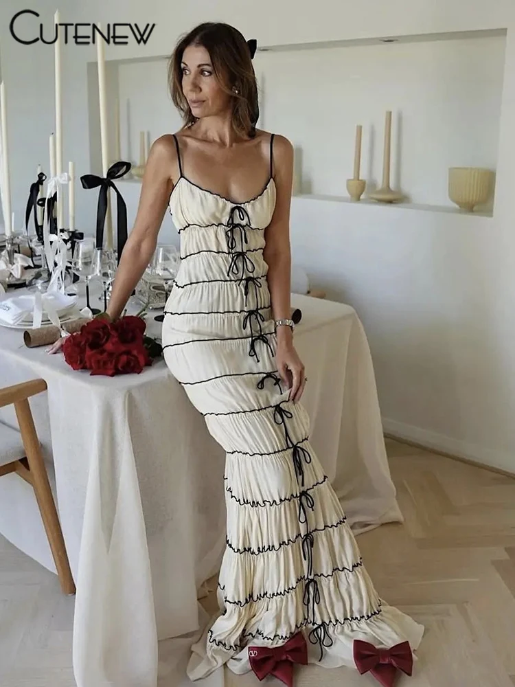 Cutenew Stripe Bnadage Maxi Dress Women Hipster Stunning Ruched Ruffles Low Neck Spaghetti Strap Vestidos Female Chic Streetwear