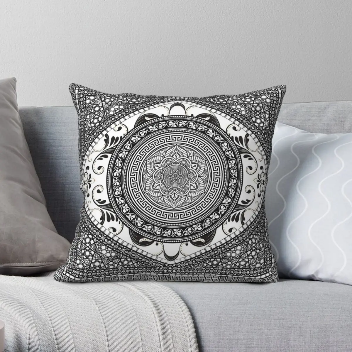 Ornate Black White Key Flower Pillowcase Polyester Linen Velvet Printed Zip Decorative Room Cushion Cover