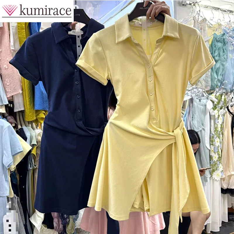 

Summer Sports Style Polo Collar Tie Waist Cinching Slit Short Dress Shorts Two-piece Set Juicy Corture Tracksuit Short Sets