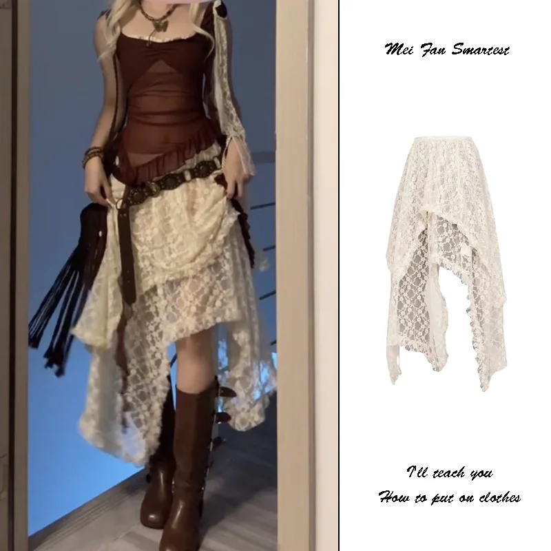 Retro Bohemian Mesh Half Skirt Women's Summer Design Sense Layered Apron Asymmetrical Big Lace Skirt High Waist A-Line Midi
