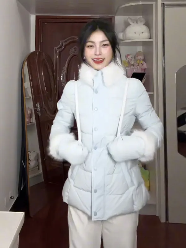 

Красивая белая пуховая куртка-пальто для стройных фигур, зимняя мода для женщин
