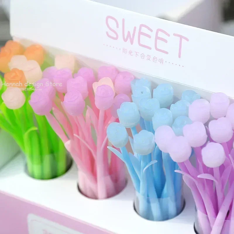 1PCS Discolored Flower Gel Pens Rose Tulip 0.5mm Black Gel Ink Writing Neutral Pen Students Stationery Valentine's Day Gift