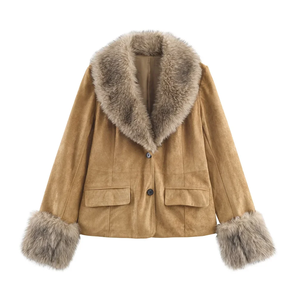 

New autumn and winter women's fashion casual lapel long sleeved suede leather faux fur effect suit jacket