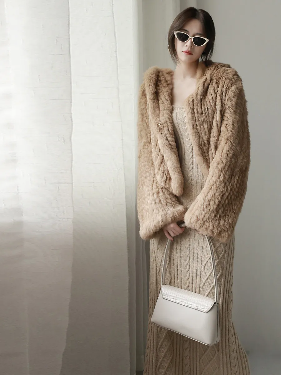 Long Sleeve Casual Loose Knitted Real Rabbit Fur Hooded Coat Women Genuine Natural Rabbit Fur Outwear Female Fur Jacket