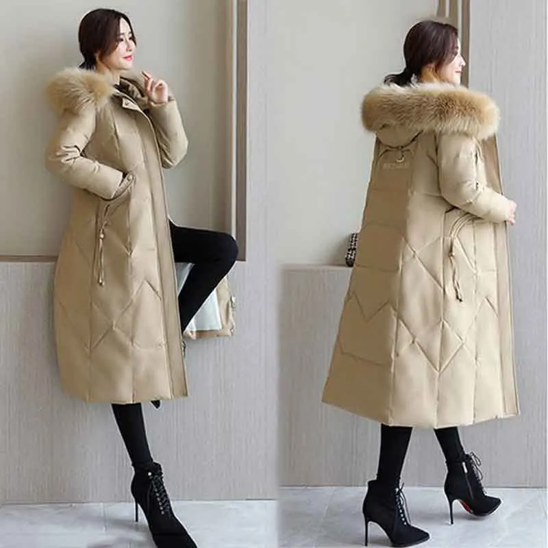 Temperament Down  Women's Winter Mid-length Hooded Fur Collar Slim Fit Warm Thickened Pocket  Winter Coat Women's 5X