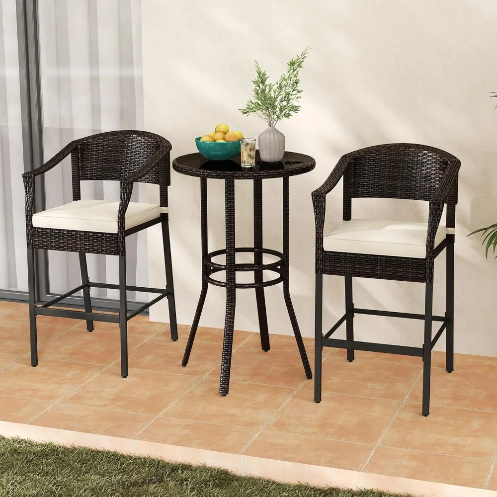 

3-Piece Outdoor Bar Set - Patio Wicker Rattan Bar Height Barstools w/Cushions, Footrest, Round Glass Top Table, High Top Bistro