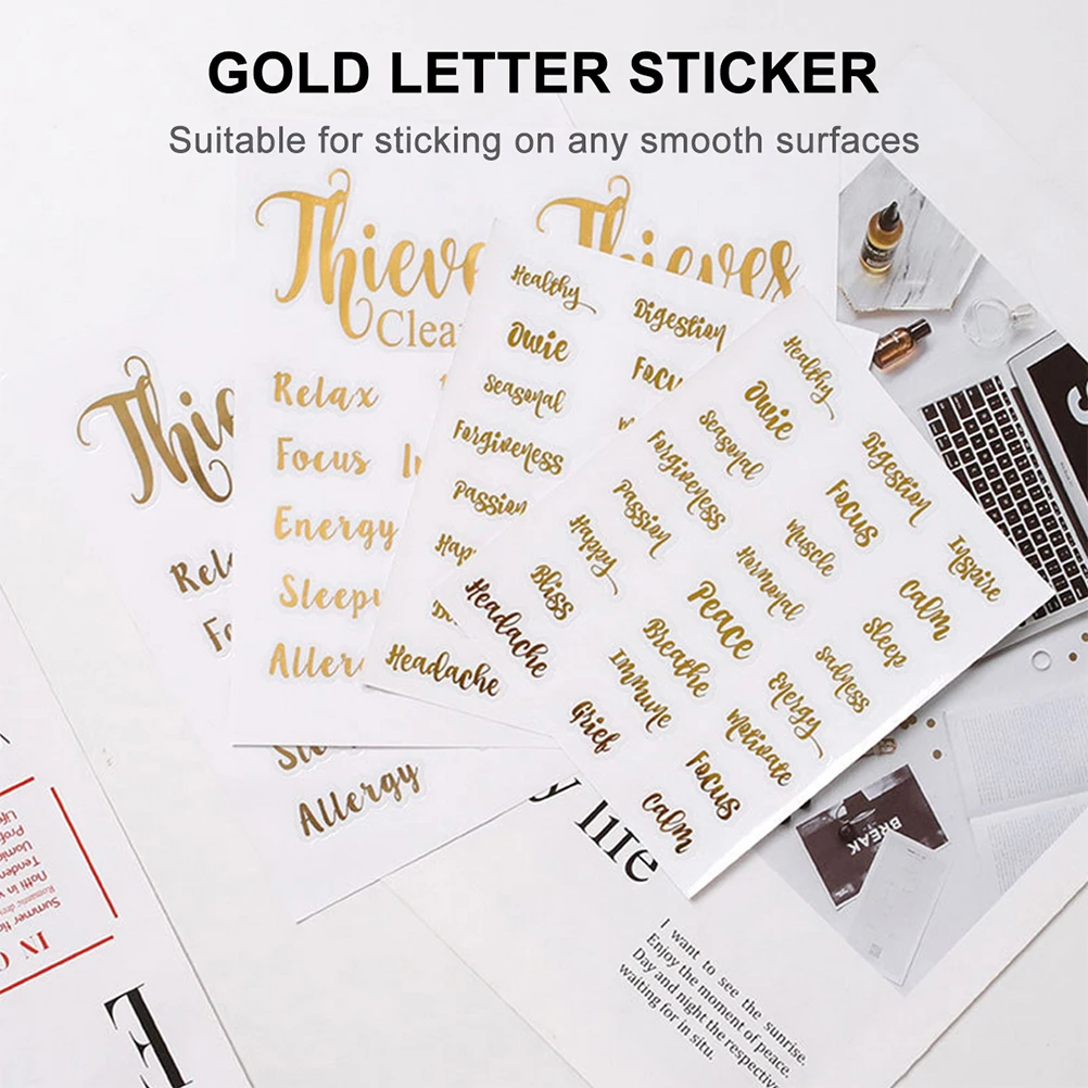 

Golden Letter Stickers 6 Sheets Waterproof Essential Oil Labels Cute Bottle Tags for ganizing Smooth Surfaces