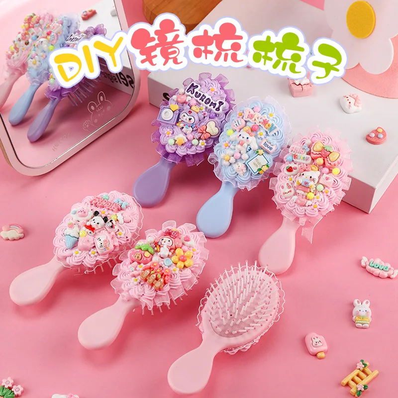 Children's Cream Glue Hairbrush DIY Material Pack Set - Handmade Cushion Brush, Cute Mirror Hairbrush, Girls' Toy